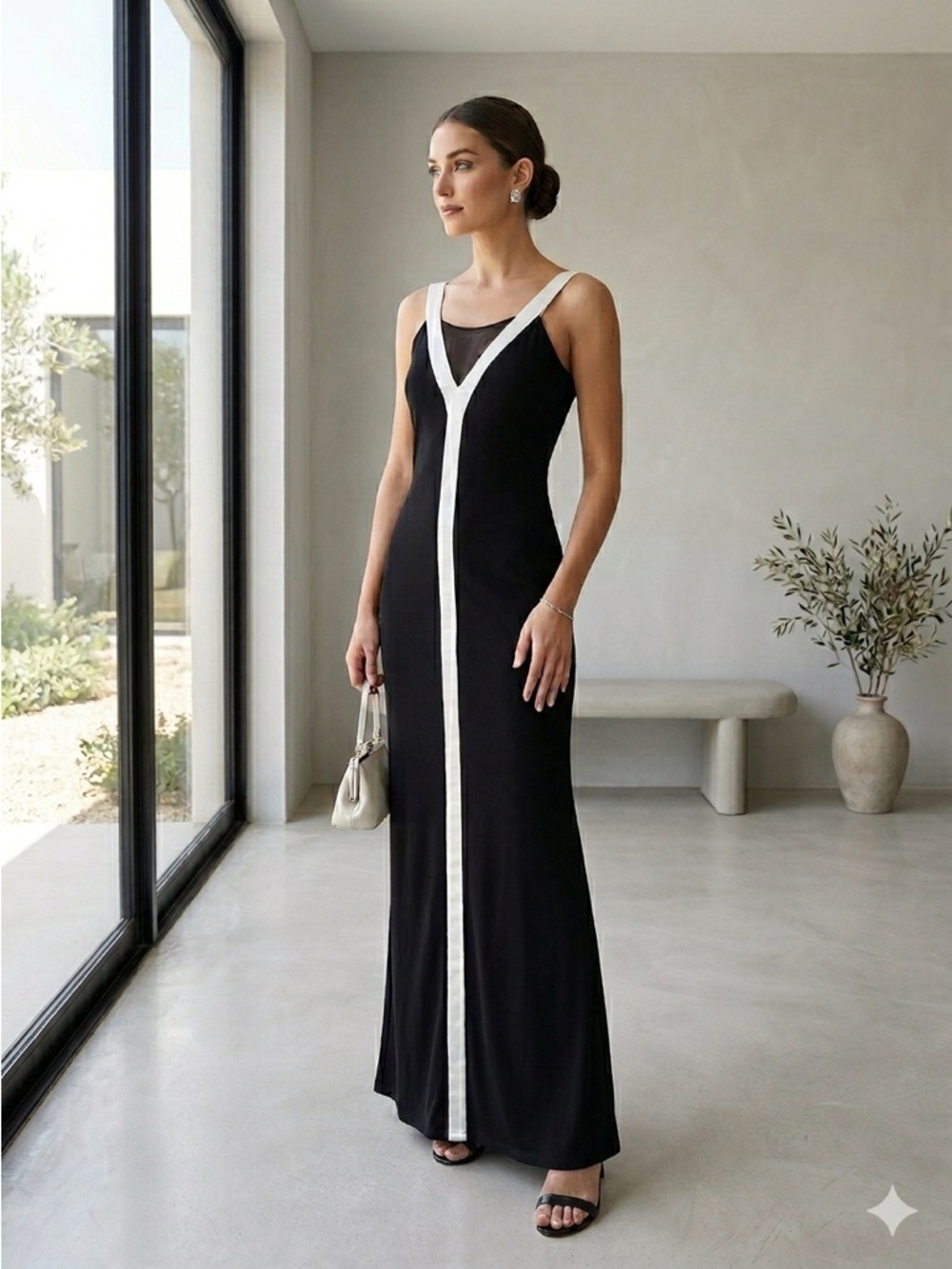 Vintage 90s / Y2K Black & White Colorblock Maxi Dress Gown - US 8 (Medium)